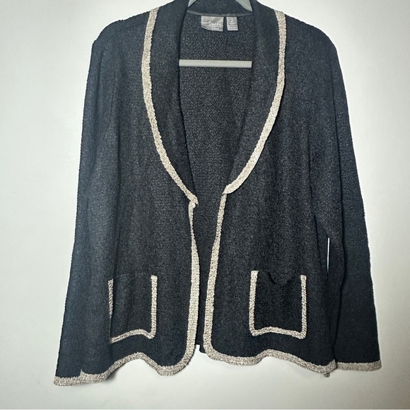 Chico’s Travelers Black Tan Textured Crinkle Open Jacket with Tank Top 2 (L) - Picture 6 of 12
